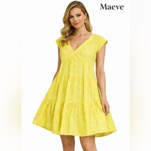 Maeve Anthropologie Yellow Tiered Textured Dress Medium V-Neck Fully Lined